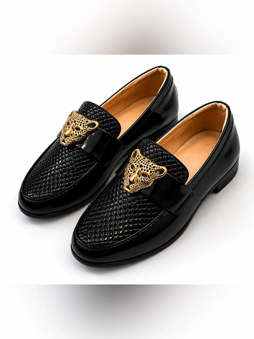 New Boys Black Dress Loafers – Gold Leopard Design – Size 23